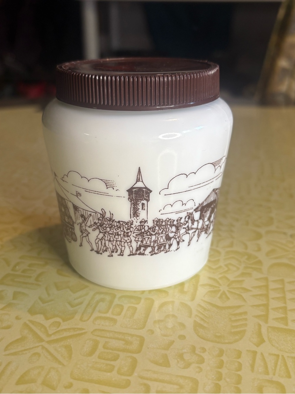 Vintage White Ceramic Jar with Brown Lid and Brown Village Illustration